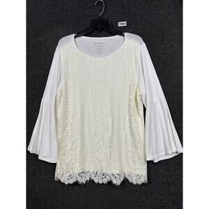 Chico’s Knitted Lace Front Flare Sleeve Blouse Womens Size 2 US L Cream Boho